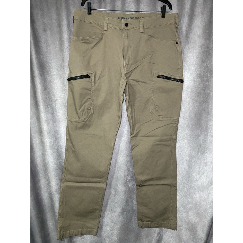 Duluth Trading Mens 38x34 Flex Fire Hose Relaxed Fit Cotton Work Pants Khaki